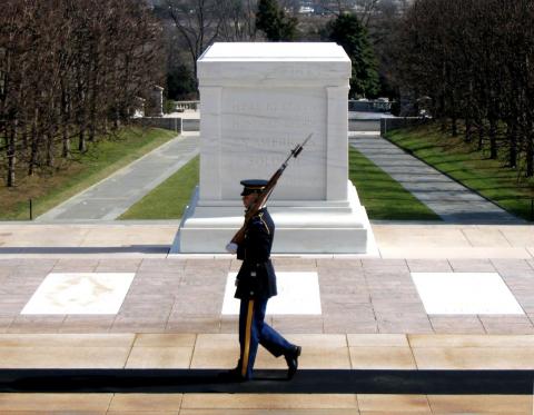 Veteran's memorial with soldier on guard